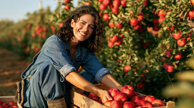 Smiling woman harvesting red apple orchard with wooden crate during warm autumn sunlight, creating joyful agricultural scene for seasonal food