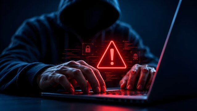 Hacker typing on laptop with glowing red warning triangle and cybersecurity threat icons
