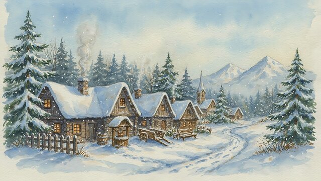 A charming watercolor artwork depicting an alpine winter village with wooden cottages, pine trees, and distant snow peaks, created with generative AI.
