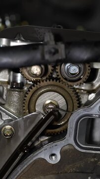 A detailed close-up shows interlocking timing gears with alignment marks inside an opened automotive engine block during overhaul or repair.