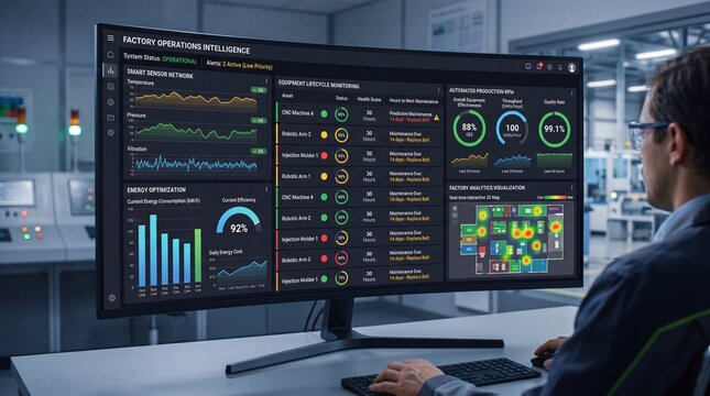 Industrial automation dashboard and factory operations intelligence system. Engineer analyzing real-time production metrics on a wide curved computer monitor in a modern manufacturing facility