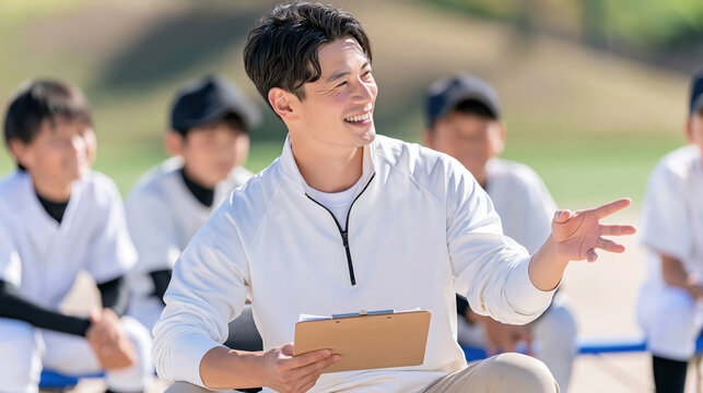 Smiling male coach holding clipboard and guiding outdoor team training during professional lifestyle session in sunny park