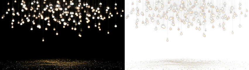 Naklejka premium Festive background with hanging glowing light bulbs and golden glitter on the floor, split view with black and transparent backgrounds