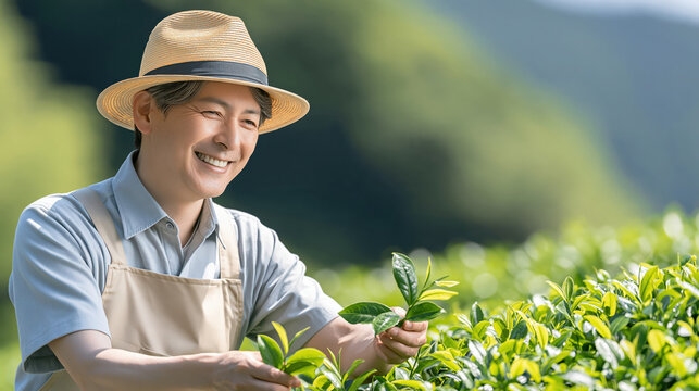 Japanese man farmer straw hat apron tea leaf plantation portrait