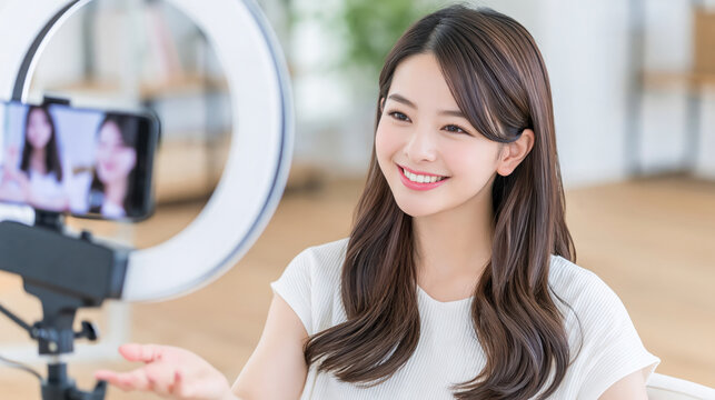 Japanese woman smiling during professional portrait photography beside ring light and smartphone camera
