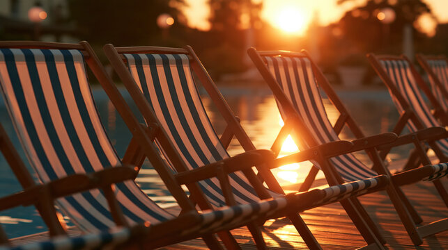 Sunset poolside scene with striped deck chair casting warm shadows across reflective water, creating peaceful outdoor leisure setting
