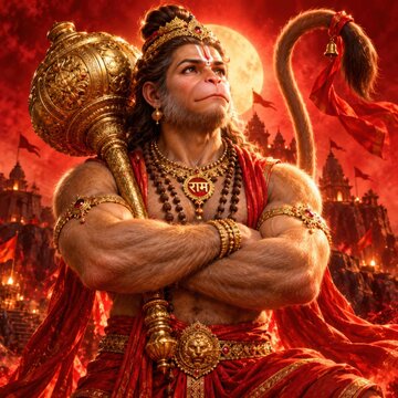 Lord hanuman with golden mace in front of a temple