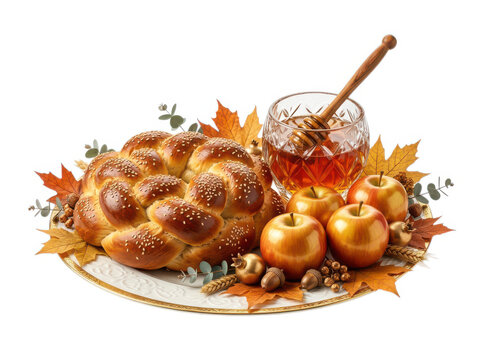 Round challah bread with honey jar and fresh apples on autumn leaves for holiday
