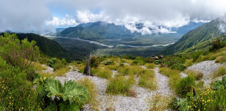 View from the crater rim of the Chait&eacute;n volcano, wooded valley with Rio Blanco river, Pumalin National Park, Ruta de los Parques, Los Lagos, Patagonia Verde, Chile