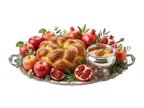 Fresh round challah bread with apples honey and pomegranates on a silver tray