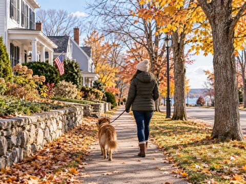 Caminata de oto&ntilde;o por una calle tranquila con un perro