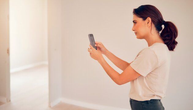 Mujer utilizando un tel&eacute;fono m&oacute;vil en un interior luminoso y vac&iacute;o mientras observa la pantalla