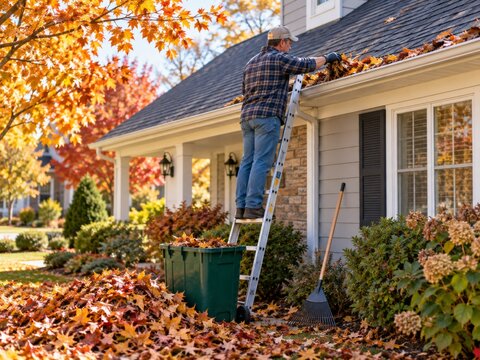Trabajo en el hogar durante el oto&ntilde;o mientras se limpian las hojas ca&iacute;das en el jard&iacute;n
