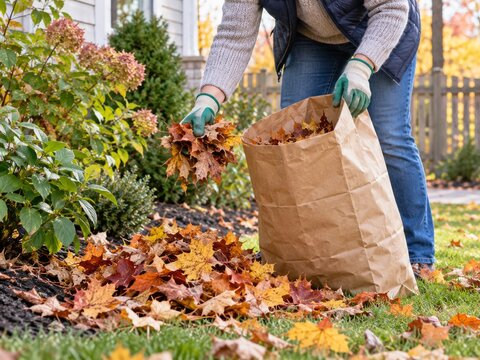 Recogiendo hojas de oto&ntilde;o en un jard&iacute;n
