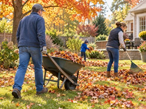 Trabajo de oto&ntilde;o en el jard&iacute;n con hojas ca&iacute;das y una familia activa