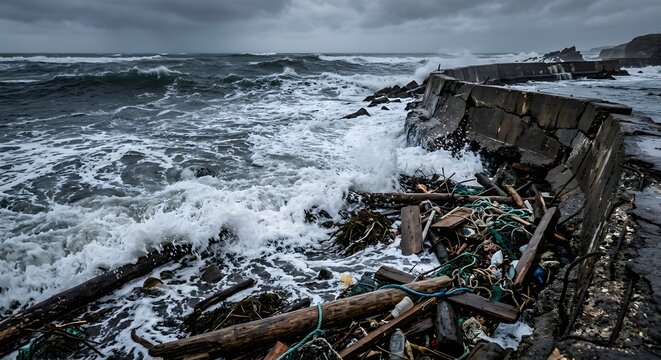 waves lapping against debris piled along a damaged seawall