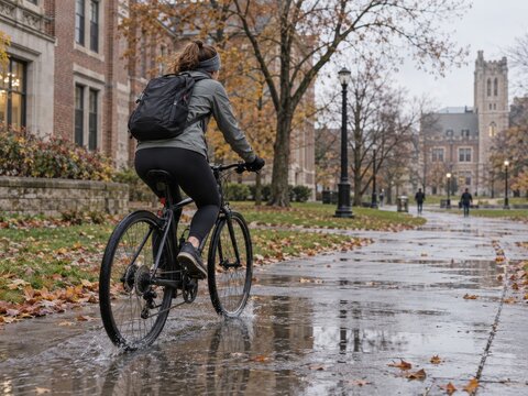 Ciclismo en una tarde de oto&ntilde;o con lluvia en un campus universitario