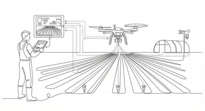 Farmer monitoring smart crop fields using drones and digital tablets
