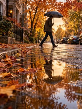 Un hombre camina bajo la lluvia en una calle de oto&ntilde;o con hojas ca&iacute;das y reflejos en el agua