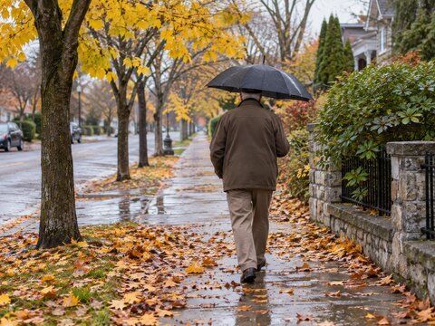 El hombre camina por la acera en un d&iacute;a de oto&ntilde;o con lluvia en un vecindario