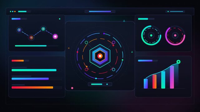 Data visualization dashboard HUD interface business analytics motion graphics showing futuristic digital charts colorful financial information