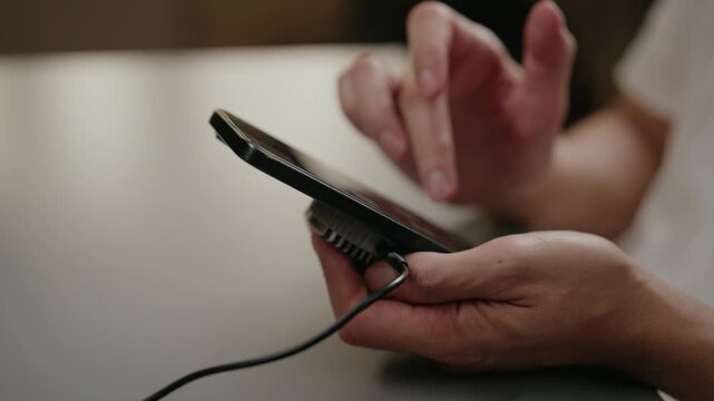 Male hands holding mobile device with external cooling system attached, using phone, playing video games and navigating user interface by tapping and swiping on screen, close-up, slow motion.