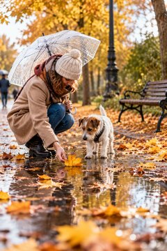 Momento de oto&ntilde;o con una mujer y un perro en un parque bajo la lluvia
