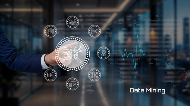 Modern data mining technology with digital icons and world map background