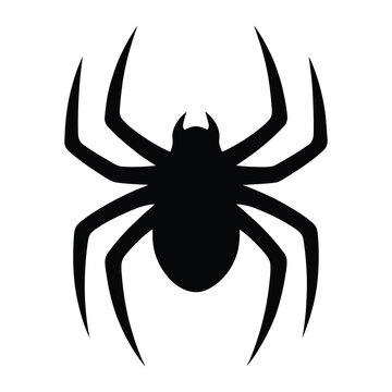 Black spider silhouette vector icon. Minimalist arachnid symbol for Halloween decor and spooky graphic design. Creepy insect shape isolated on white. Dark tarantula emblem for web and print.