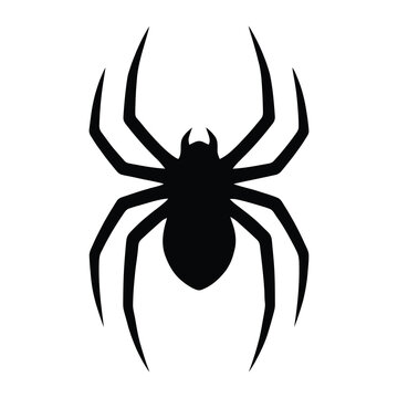 Black spider silhouette vector icon, minimalist arachnid symbol for Halloween decor. Creepy crawly spider graphic for spooky web designs. Stylized insect shape for tattoo art and logo branding.