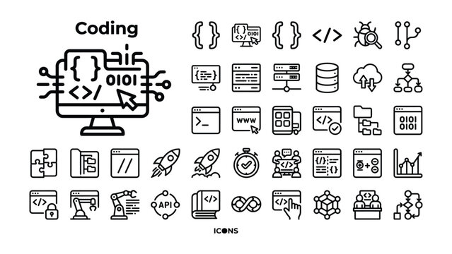 Coding Icons Collection: A comprehensive set of line icons representing various aspects of coding and software development, including programming, data, cloud, and more.