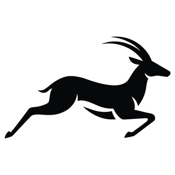 Minimalist gazelle silhouette vector, jumping antelope logo icon on white background, graceful impala wildlife illustration, athletic springbok animal graphic for sports and outdoor branding.