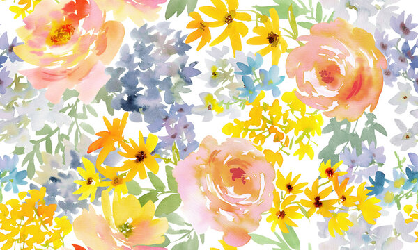 Watercolor Modern Floral Seamless Pattern with Abstract Hand-Painted Orange Roses and Wildflowers for Fabric, Home D&eacute;cor, Gift Wrapping, and Surface Design