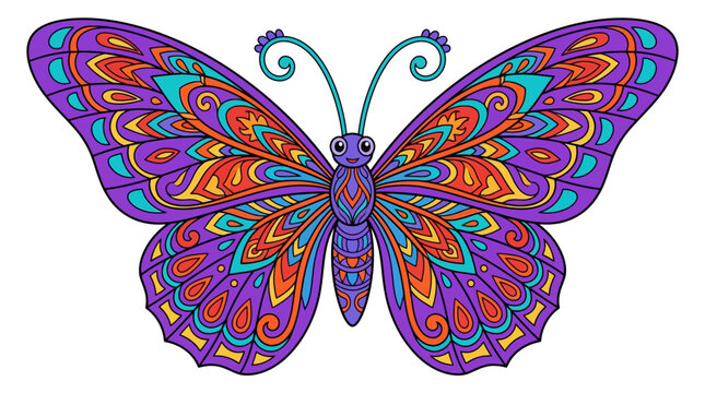 Intricate purple and orange mandala butterfly illustration.