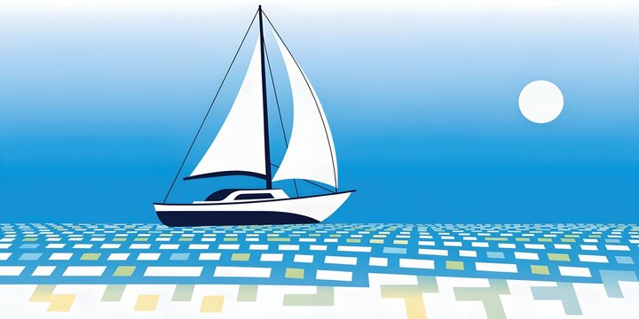 Sailboat gliding on calm ocean under bright sun