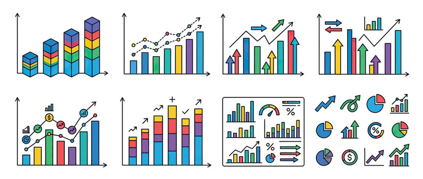 Collection of colorful business charts and graphs isolated