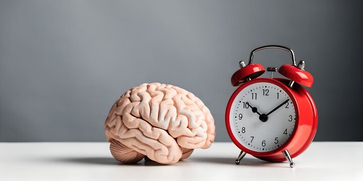 Brain model and alarm clock on a table against a gray background  