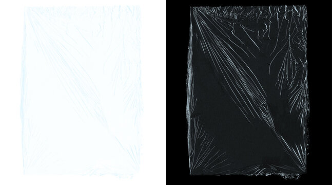 Transparent plastic wrap texture, wrinkled cellophane overlay on black and white background, realistic cling film packaging material