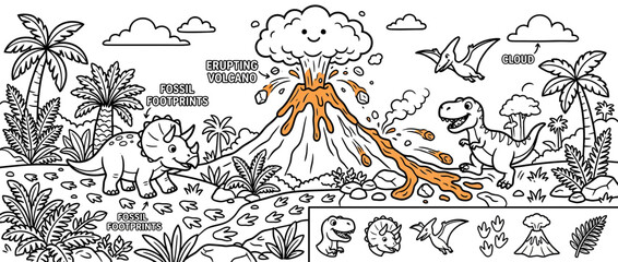 Cute Dinosaur Landscape with Erupting Volcano Illustration © aldynangko