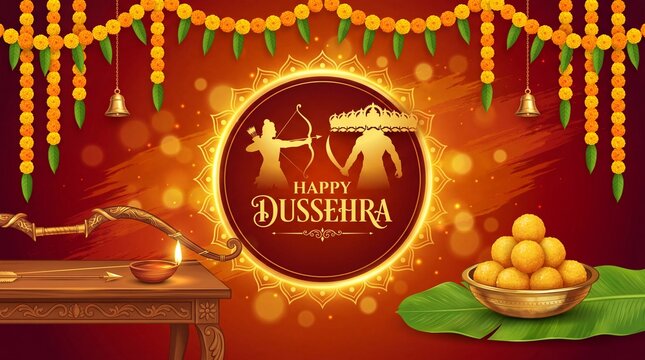 Happy dussehra festive background with bow and arrow, sweets, marigold garlands, and diya lamps