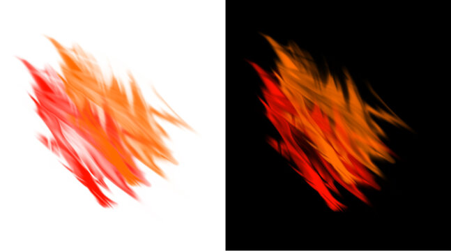 Abstract fire brush strokes on black and white backgrounds, dynamic orange flame textures, artistic heat and energy design elements