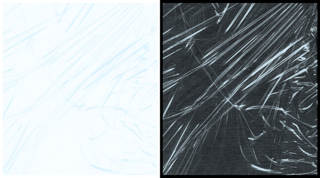 Transparent plastic wrap texture, wrinkled cellophane overlay on black and white backgrounds, realistic cling film material for packaging design