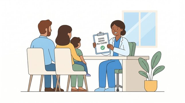 Doctor sharing good news health test results with family in clinic