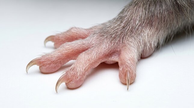 Close up animal paw with claws, pink hairless skin, gray fur