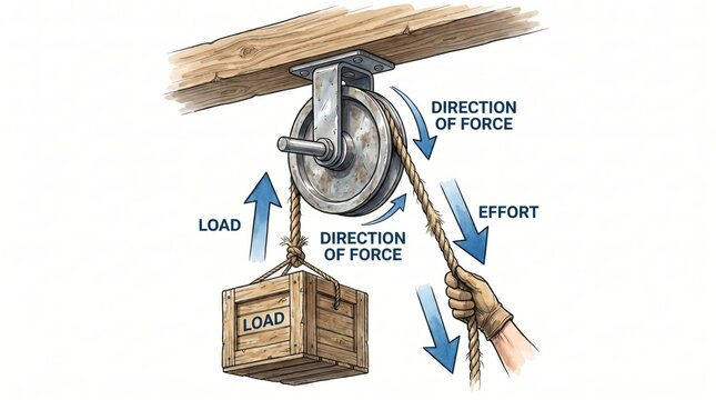 Pulley system diagram showing mechanical advantage, load, effort, force direction