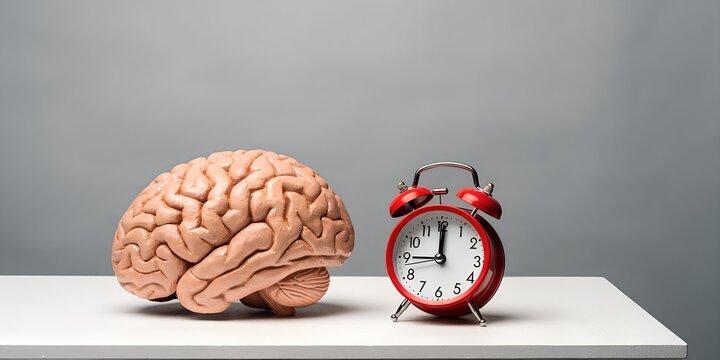 Brain model next to red alarm clock on white wooden table  