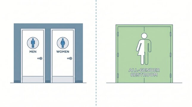 Traditional restroom doors compared with all gender inclusive bathroom facility