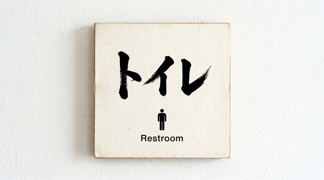 Male restroom sign with Japanese characters, toilet marker on cream wall