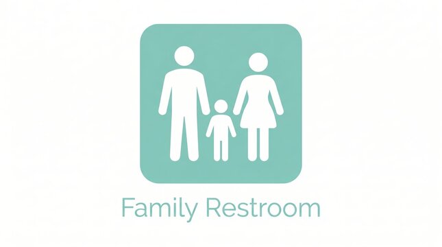 Family Restroom sign with parent, child figures on teal background