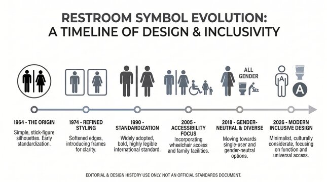 Restroom symbol evolution timeline showing design history from 1964 to 2026